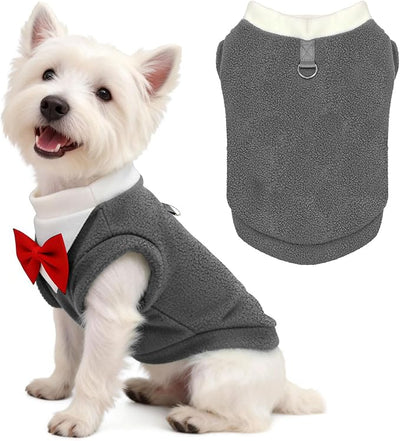 Cute Dog Fleece Sweater with D-Ring, Fall Winter Dog Clothes Tuxedo Costume with Bowtie, Soft Puppy Sweatshirt Chihuahua Yorkie Apparel Poodle Outfits for Small Medium Large Dogs(Grey,XL)