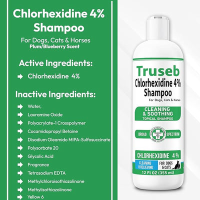 Truseb Topical Chlorhexidine 4% Shampoo for Dogs, Cats, and Horses with Plum/Blueberry Scent - 12 oz - Made in U.S.A (Chlorhexidine 4% Shampoo, 12 oz)