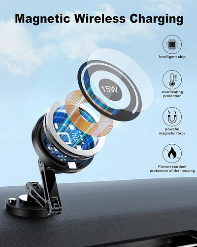 ZBF Magnetic Wireless Car Mount Charger, 15W Fast Charging for MagSafe Car Mount,Magnetic Car Phone Holder Mount, Car Cell Phone Holder Fit iPhone 17 16 15 14 13 12 All Smartphones