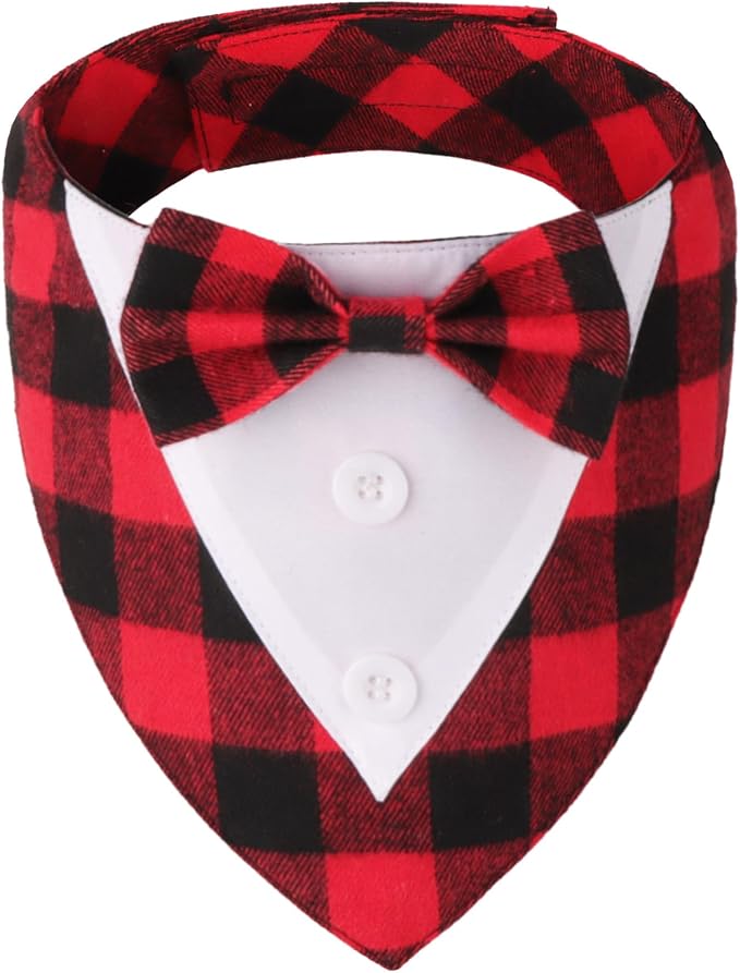 Christmas Dog Tuxedo Bandana, Red Plaid Xmas Pet Bowtie Collar, Adjustable Christmas Costumes for Extra Large Dogs (XL)