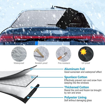 Car Rear Windshield Snow Ice Cover, Windproof Rear Windscreen Snow Cover with 2 Elastic Hooks, 4 Magnets, All-Weather Waterproof Winter Ice Frost Snow Protector for Most Sedans Cars