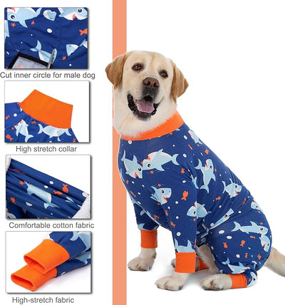 Dog Recovery Suit After Surgery Female Male, Medium Large Dog Neuter Shirt Cone Alternatives Prevent Licking Surgical Onesies (Blue Shark, 4XL)