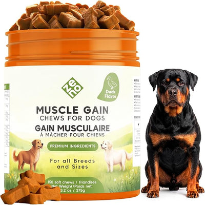 ZENO 11-in-1 Muscle Gain Chews - Weight Gain Supplements for Dogs with High Protein & Amino Acids - Premium Muscle Builder for Bully & All Breeds - Healthy for Puppies - 150 Chews - Duck