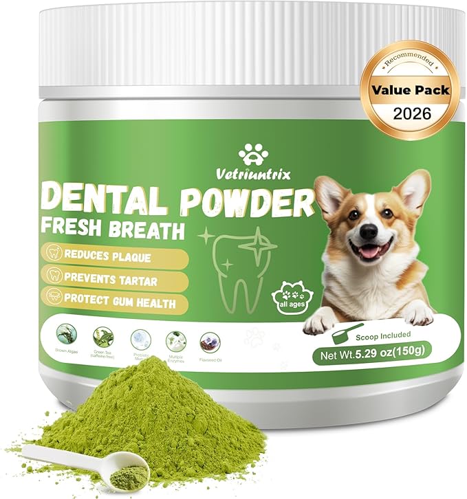 Dog Teeth Cleaning Powder, Dog Dental Powder for Tartar Remove & Plaque Off, Fresh Breath for Dogs with Natural Plant Blend, Enzymes and Probiotics, 150g