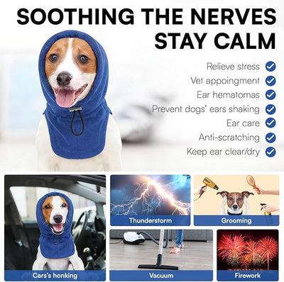 Dog Calming Hoodie Pet Ear Warmer Covers for Noise, No Flap Ear Wrap for Dogs, Quiet Ears Dog Hoodie Anxiety Relief Dogs Hat Calming Hood Head Cover, Blue M