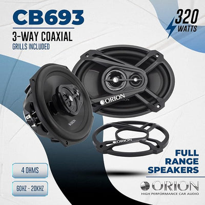 ORION Cobalt Series CB693 6x9” 3-Way Coaxial Car Speakers, 320W, 4 Ohms, Full Range, Enhanced Bass, Polypropylene Cone & Butyl Rubber Surround, Easy Install, Grills Included (Pair)