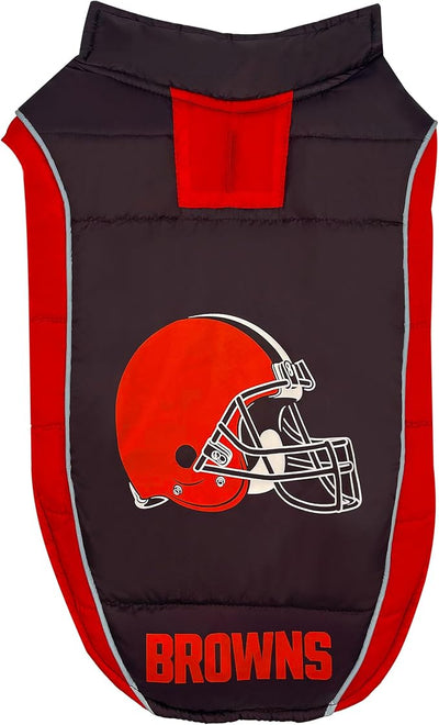 NFL Cleveland Browns Puffer Vest for Dogs & Cats, Size Small. Warm, Cozy, and Waterproof Dog Coat, for Small and Large Dogs/Cats. Best NFL Licensed PET Warming Sports Jacket