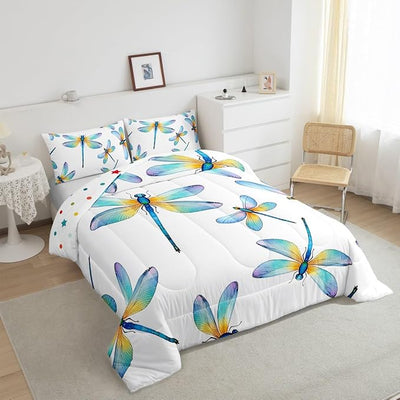Erosebridal Boho Dragonfly Comforter Set Twin Size, Bohemian Insect Quilted Duvet for Kids Teens Adult Exotic Flying Dragonflies Down Comforter Blue Teal Duvet Insert Lightweight for Children Bedroom