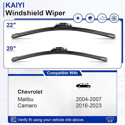 KAIYI 22" + 20" Windshield Wipers Compatible with Chevrolet Malibu 2004-2007,Camaro 2016-2023 Premium Automotive Replacement Windshield Wiper Blades 2 Pack
