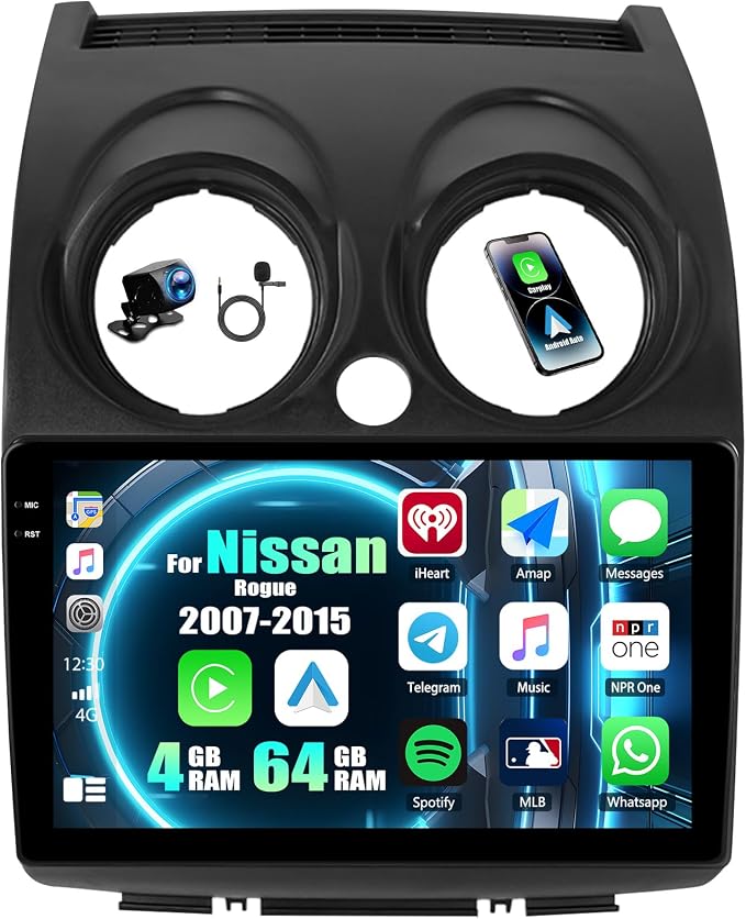4G+64G Andriod Car Radio for Nissan Rogue 2007-2015 with CarPlay Android Auto 9 Inch Incell Touch Screen with GPS Navigation WiFi Backup Camera Mic