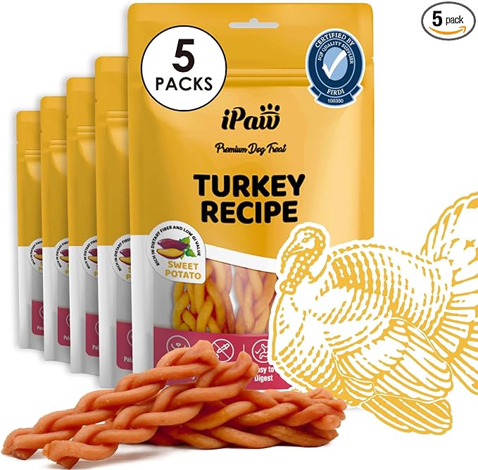 iPaw 5 Stock-Up Combo Turkey Dog Treats, SQF Certified Human Grade Dog Treat, Suitable for Training Chew, Hypoallergenic, Rawhide Alternative, Braided Stick (Sweet Potato), 5 Packs