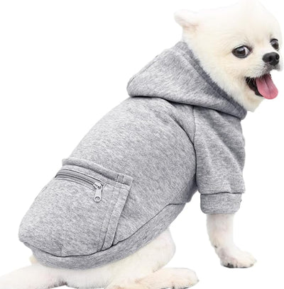 Jecikelon Dog Hoodies for Small Dogs with Zipper Pocket, Soft Fleece Puppy Clothes with Rope Hat, Warm Winter Outfits Cold Weather Coats, Cute Sweatshirt Chihuahua Costume (XX-Small, Y02-Grey)