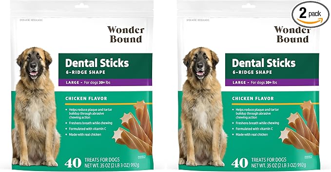 Chicken Dental Sticks for Large Dogs | 40 Count Pack of 2 | Plaque & Tartar Control | 6-Ridge Shape