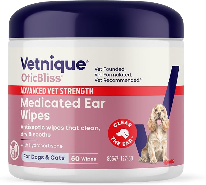 Oticbliss Medicated Dog Ear Wipes, Dog & Cat Ear Cleaner Yeast, & Ear Infection Treatment with Hydrocortisone, Antibacterial & Antifungal for Itchy Ears (Medicated Ear Wipes)
