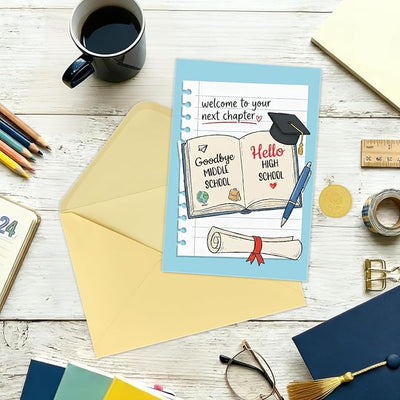 FLYAB 8th Grade Graduation Card - Welcome to Your Next Chapter Middle School Graduation Card for Boys Girls Best 8th Grade Graduation Gifts with Gold Envelope & Sealing Sticker(5.5 x 8 Inch)