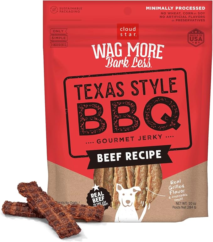 Cloud Star Wag More Bark Less - Dog Treats - Jerky - Texas BBQ Beef - 10 oz Pouch