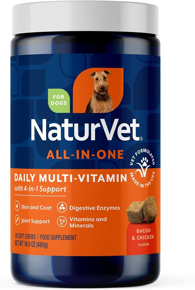All-in-One Dog Supplement - for Joint Support, Digestion, Skin, Coat Care – Dog Multivitamins with Minerals, Omega-3, 6, 9 – Wheat-Free Vitamins for Dogs – 120 Soft Chews