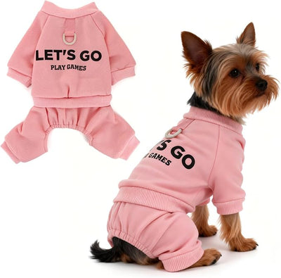 Warm Dog Winter Coat with Built-in Leash Ring, Fleece 4-Legged Sweatshirt Jumpsuit, Cute Let's Go Print Puppy Clothes for Small Dogs Boy Girl, Cold Weather Outfit