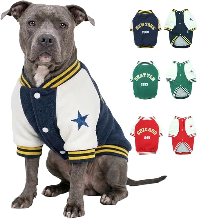 XXL Dog Winter Varsity Jacket – Fleece Dog Coat with City Embroidery, Thick Lined Snap-On Warm Outfit for Large Dogs, Doggy Sportwear for Cold Weather, Christmas Pet Costume for Pup, Navy