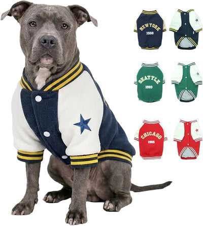 XXL Dog Winter Varsity Jacket – Fleece Dog Coat with City Embroidery, Thick Lined Snap-On Warm Outfit for Large Dogs, Doggy Sportwear for Cold Weather, Christmas Pet Costume for Pup, Navy