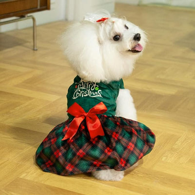CuteBone Christmas Tree Dog Dress Velvet for Small Dogs Girl Puppy Dresses Green Plaid Dog Clothes