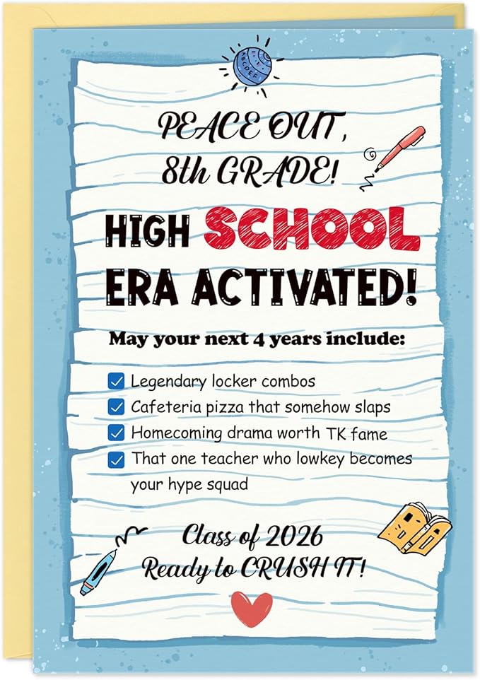 FLYAB 8th Grade Graduation Card - 2026 Peace Out 8th Grade Graduation Promotion Card with Gold Envelope Middle School Congrats Grad Gift for Her Him Boys Girls Son Daughter Granddaughter Grandson(5.5x8 Inch)