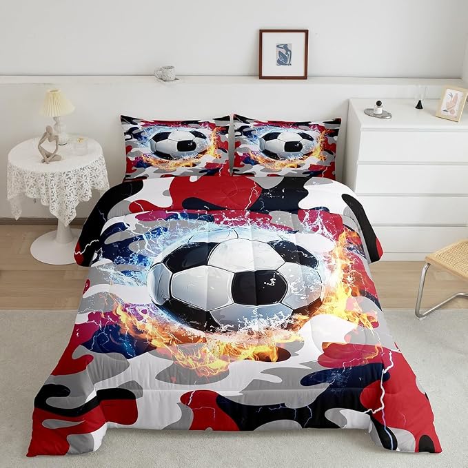 Erosebridal Boys Football Comforter Set Twin Size, Red Black Camo Bedding Set for Kids Teens Adult, Soccer Sports Game Quilted Duvet Militarily Camouflage Bedding Comforters with 1 Pillow Case