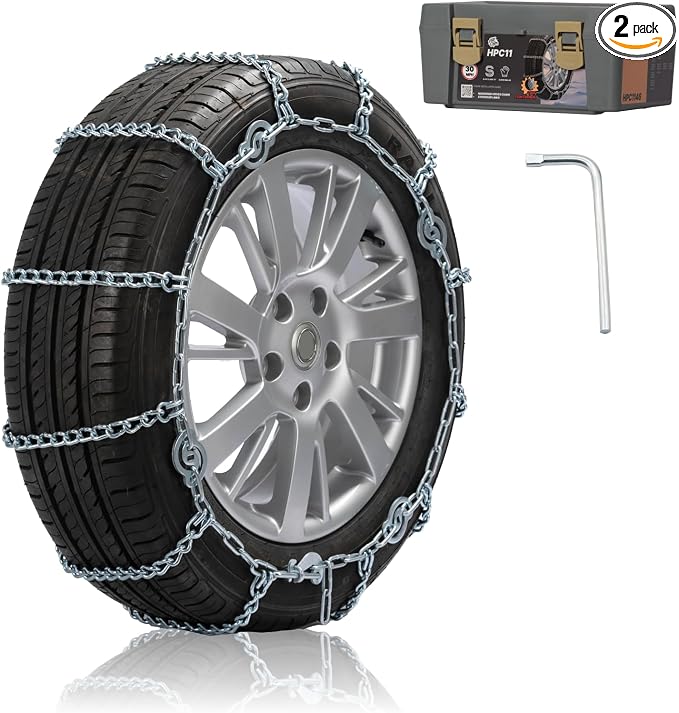 Snow Chains for Pickup Trucks, SUVs, Light Trucks, Heavy Duty Quick Fit & Easy Installation, Reusable Emergency CAM Tightener Tire Traction Chain, Set of 2 (HPC1130)