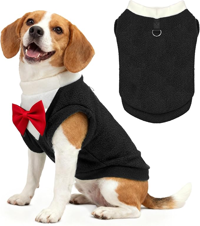 Cute Dog Fleece Sweater with D-Ring, Fall Winter Dog Clothes Tuxedo Costume with Bowtie, Soft Puppy Sweatshirt Corgi Bulldog Apparel Dachshund Outfits for Small Medium Large Dogs(Black,6XL)
