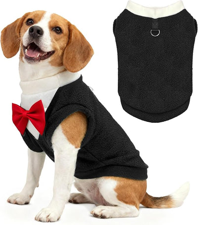 Cute Dog Fleece Sweater with D-Ring, Fall Winter Dog Clothes Tuxedo Costume with Bowtie, Soft Puppy Sweatshirt Corgi Bulldog Apparel Dachshund Outfits for Small Medium Large Dogs(Black,3XL)