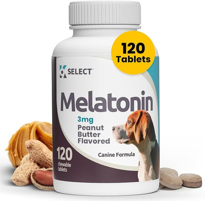 K9 Select Melatonin for Dogs - Calming Aid - Adrenal Support Sleep Aid - Reduce Stress, Pet Melatonin Treats for Medium Sized - 3 mg, 120 Peanut Butter Flavored Tablets