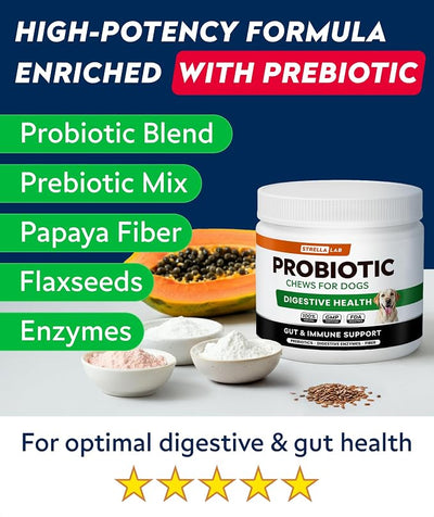 Dog Probiotics for Digestive Health & Enzymes - Diarrhea, Gas, Upset Stomach Relief & Season Allergy - Pet Probiotics for Dogs- Chews for Digestion - Gut Health for Dogs (60Ct)