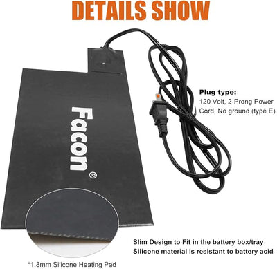 Facon 8-1/2'' x 5-1/2'' Silicone Battery Heater Pad with Thermostatically Controlled, Automotive Electric Silicone Battery Warmer Pad, 120V, 60Watts Grey