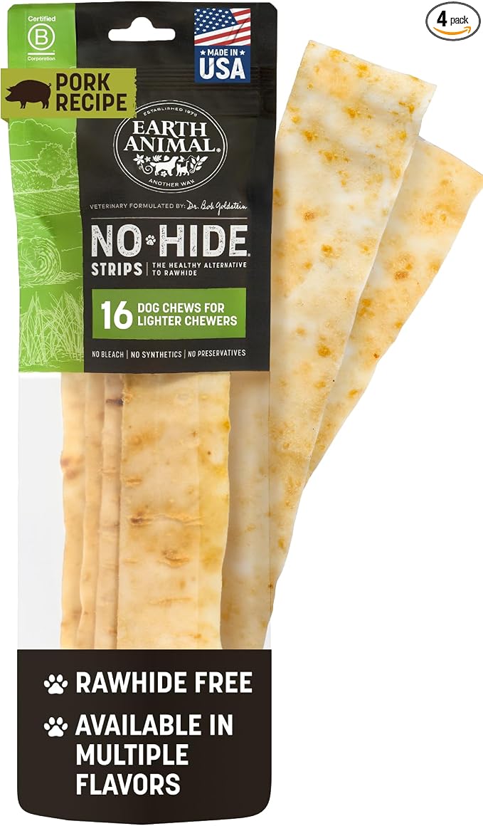 No Hide Strips - Natural Rawhide Free Dog Chew Strips, Pork - 16 Count