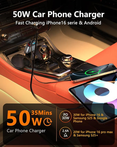 84W Retractable Car Charger,Car Phone Charger USB C Fast Charge for iPhone | EloBeth Car Charger,Cigarette Lighter USB Charger Car Accessories,Road Trip Essentials Gift for Men,for iPhone 17/16,Galaxy