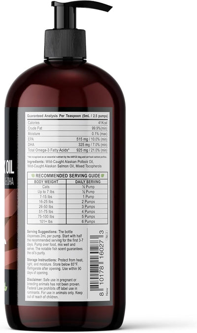 Wild Alaskan Salmon Oil for Dogs | Liquid Omega 3 Fish Oil with Pump | Skin and Coat, Joint and Heart Support | High Potency EPA and DHA | 32oz