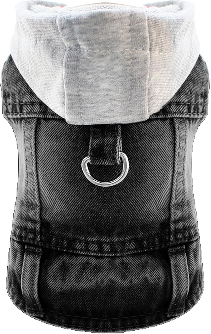 Cool Dog Jean Jacket Vest with D-Ring Black Denim Dogs Hoodies Outfits for Small Medium Dogs Cats Boy Male Dog Clothes Costume Dogggie Puppy Harness Coat for Frenchie Walking(Grey Hat,XXL)