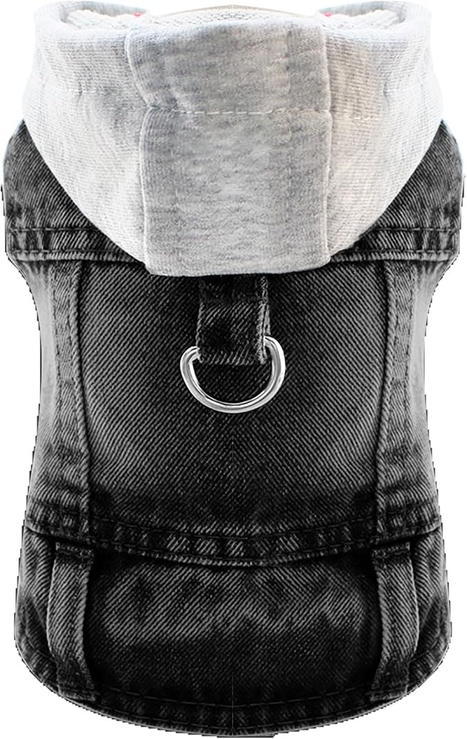 Cool Dog Jean Jacket Vest with D-Ring Black Denim Dogs Hoodies Outfits for Small Medium Dogs Cats Boy Male Dog Clothes Costume Dogggie Puppy Harness Coat for Frenchie Walking(Grey Hat,L)