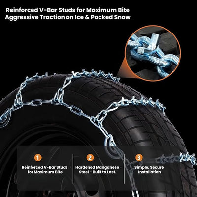 V-Bar Tire Chains 2 Pack for Car, SUV 16" to 21" Tire Snow Ice Traction | V-Bar Ice Studs Boost Traction; CAM Self-tightening Lock, Durable Manganese Steel, Anti-slip Secure Fit for Sedan & SUV