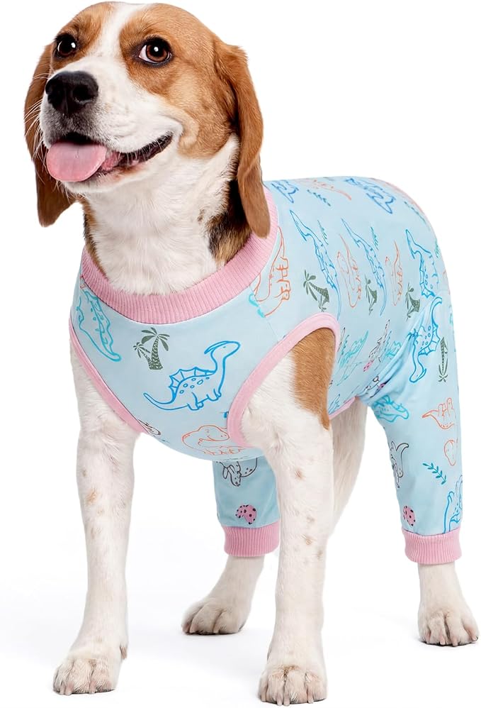 Kuoser Dog Recovery Suit with Anti Licking Rear Leg Sleeve, Dinosaur L | Abdominal Dog Surgical Suit with Pants Cover Protect Wounds, Dogs Elbow Protector Soft Pet Surgery Onesie Cone Alternative