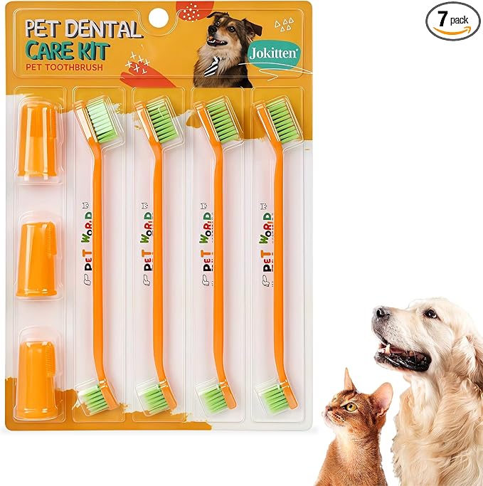 HOP 7 Pack Pet Toothbrush kit Orange 4 Angled Double-Head Dog Toothbrushes 3 Dog Finger Toothbrushes Soft Nylon Bristle Dog Toothbrush Refill Puppy Tooth Brushing Kit Pet Dental Care for Dogs and Cats