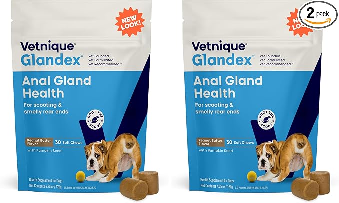 Glandex Anal Gland Soft Chew Treats with Pumpkin for Dogs Digestive Enzymes, Probiotics Fiber Supplement for Dogs Boot The Scoot (30ct, Peanut Butter Chews) (Pack of 2)