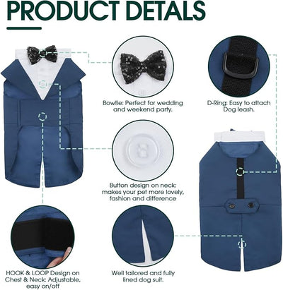 Kuoser Dog Tuxedo Dog Suit and Bandana Set, Dogs Tuxedo Wedding Party Suit, Doggy Prince Bow Tie Shirt Formal Pet Wedding Attire for Large Medium and Small Dogs Golden Retriever Samo Bulldogs