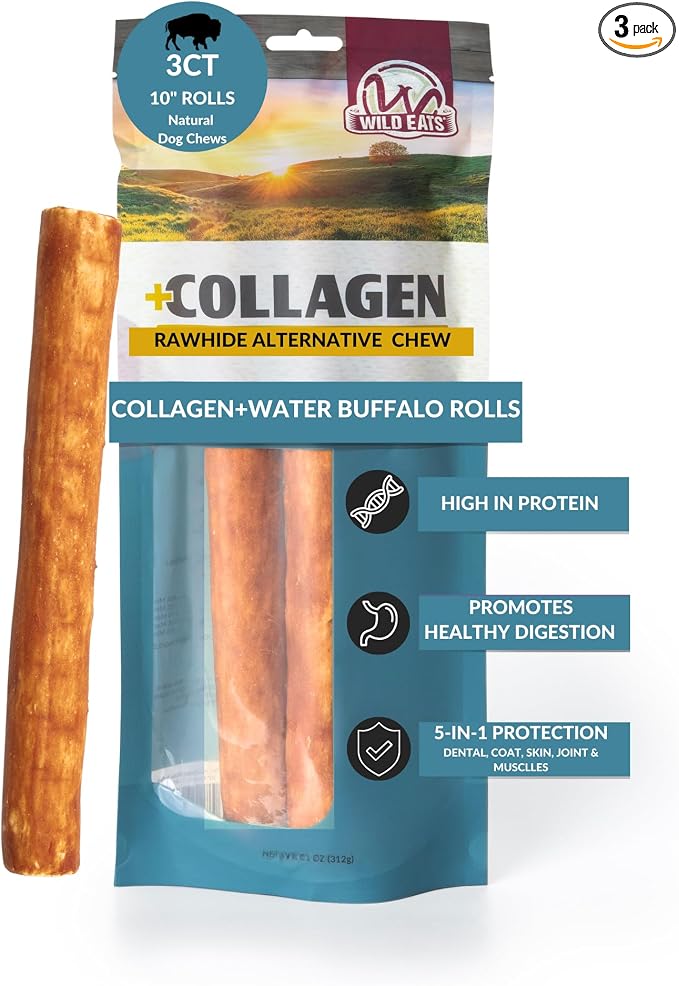 Water Buffalo Flavor Collagen Retriever Style Cheek Rolls 10" Dog Chews-3 Pack (Long Lasting Dog Chews Treats & Bones for Medium Dogs) Substitute for Pig Ears for Dogs
