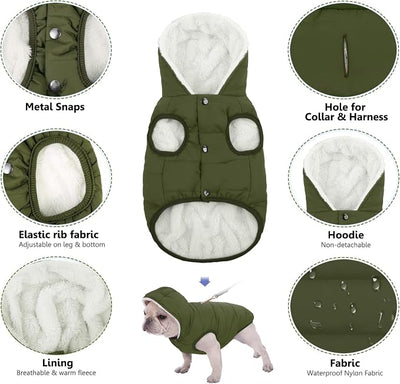 SAWMONG Waterproof Dog Winter Coat, Warm Fleece Lined Dog Jacket with Hood, Windproof Puppy Coat, Pet Apparel Vest Outdoor&Indoor Winter Activities(Green,M)