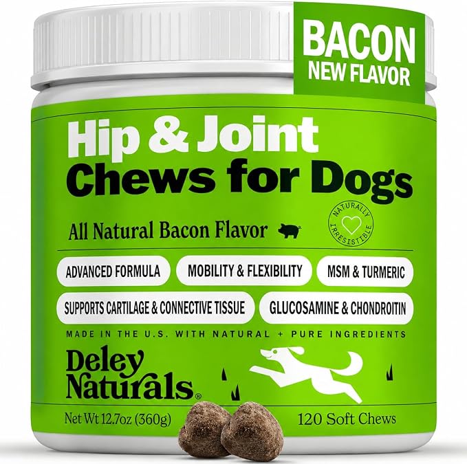 Hip and Joint Supplement for Dogs - Glucosamine Chondroitin MSM & Collagen for Dogs - Dog Joint Supplement, Smaller Chews, Low Calories, Same Ingredients - 120 Bacon Flavor Chews