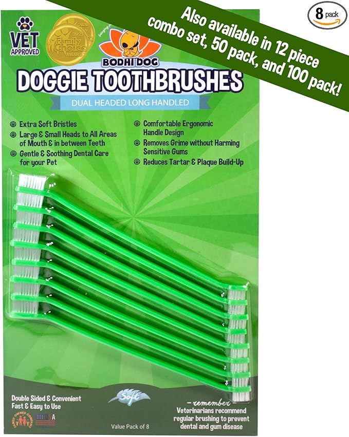 Dual-Headed Toothbrush for Dogs & Cats - Soft Bristles for Gentle Pet Dental Care - Puppy & Adult Teeth Cleaning - Easy-to-Use Design for Healthy Gums & Fresh Breath (8 Count)