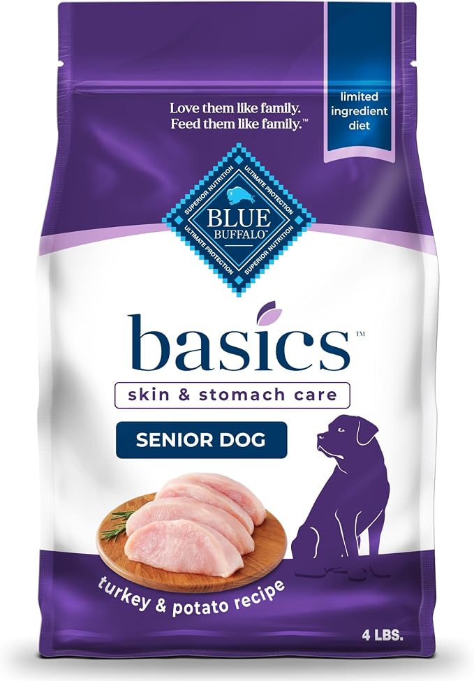Blue Buffalo Basics Senior Dry Dog Food, Skin & Stomach Care, Limited Ingredient Diet, Turkey Recipe, 4-lb Bag