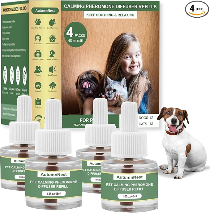 Dog Calming Pheromone Diffuser Refills, 4 Pack 48ml, Helps Dogs Relieve Anxiety, Reduce Stress, Aggression, Barking, Chewing, Scratching, Supports Dogs Travel, Vet Visits, Separation, Loud Noises