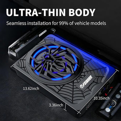 Feikeer 10" 1200W Under Seat Subwoofers with Amp,Slim Underseat Car Subwoofer and Amp Package, Individual Control for Low Pass/Gain/Boost Bass.Deep Bass Perfect for Truck/SUV/Jeep/MPV,Blue LED